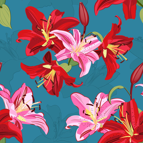 Lily virág zökkenőmentes minta zöld háttér, rózsaszín és piros liliom virág vektor illusztráció - Vektor, kép