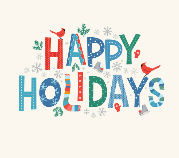 Colorful lettering Happy Holidays with decorative seasonal design elements. - Вектор,изображение