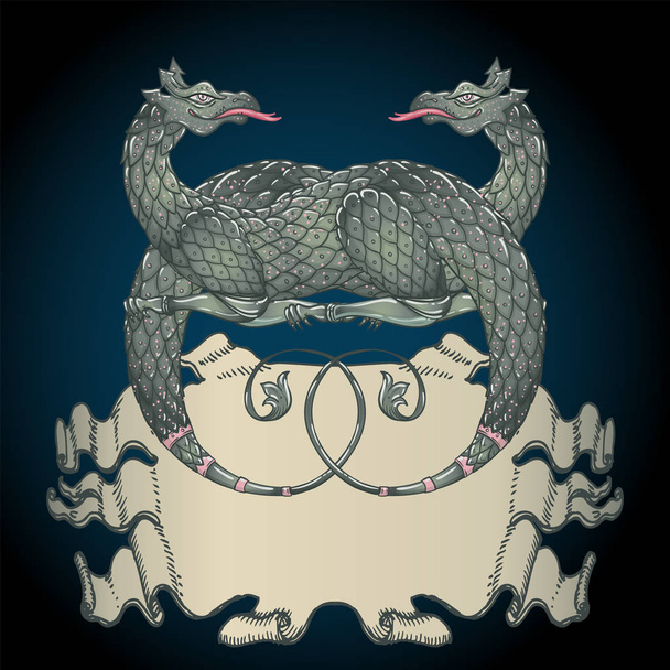 Fantasy creature dragon. Medieval Heraldic coat of arms crest sh - Vector, Image