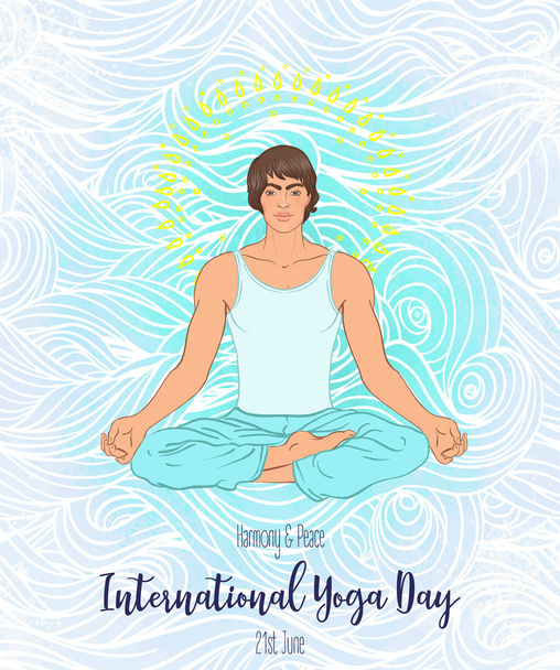 Design de cartão de ioga. Bonito homem caucasiano sentado em Lotus posit
 - Vetor, Imagem