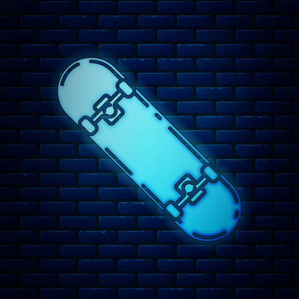 Gloeiende neon skateboard icoon geïsoleerd op bakstenen muur achtergrond. Extreme sport. Sport uitrusting. Vector illustratie - Vector, afbeelding