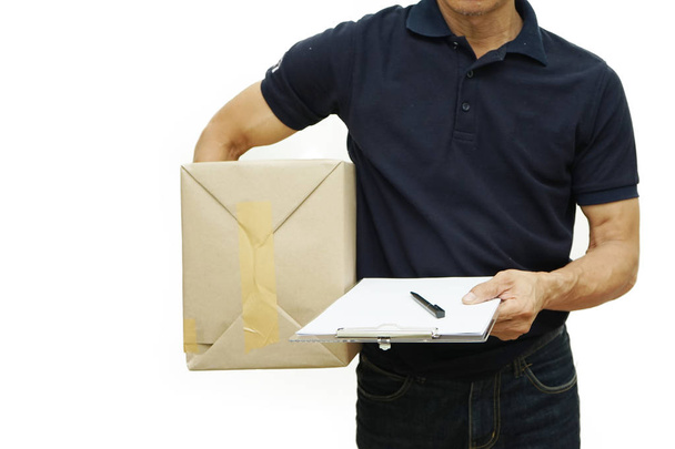 Delivery man send parcel to home with white background - Zdjęcie, obraz