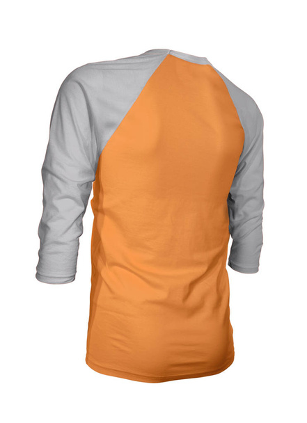 Mostre o logotipo da sua marca neste Angled Back Three Quarter Sleeves Baseball Tshirt Mock Up In Turmeric Powder Color. Para seus sites e materiais de marketing impressos
 - Foto, Imagem