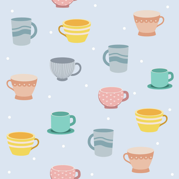 Il modello senza soluzione di continuità di tazza da tè su sfondo blu e pois bianco in sfondo blu
 - Vettoriali, immagini