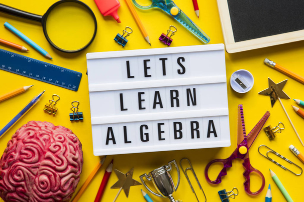 Lets learn algebra lightbox message on a bright yellow backgroun - Foto, afbeelding