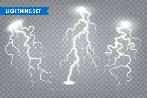 Realistic lightning collection on transparent background. Thunderstorm and lightning bolt. Sparks of light. Stormy weather effect. Vector illustration. - Vector, Image