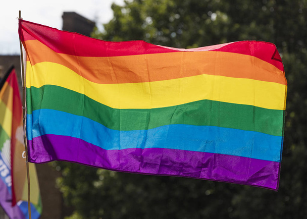 Gay rainbow flag being waved at an LGBT gay pride march in Londo - Fotó, kép