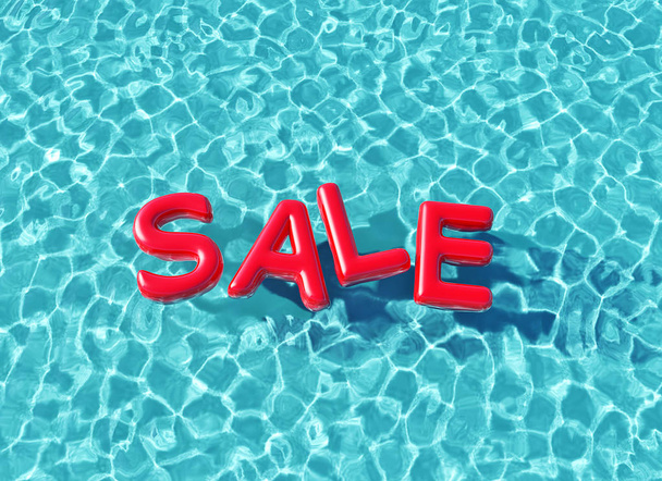 Clear blue swimming pool with sale word floating on the water - Foto, imagen