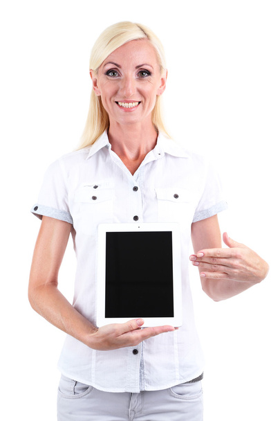 Business woman with tablet isolated on white - Valokuva, kuva