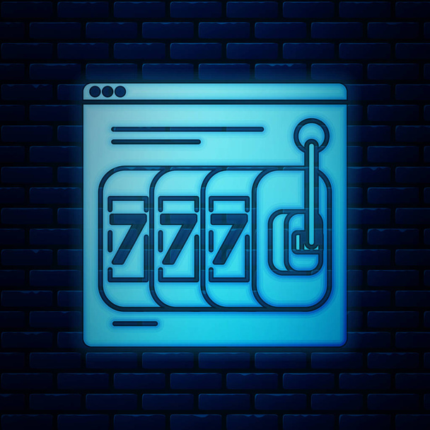 Glowing neon Online slot machine with lucky sevens jackpot icon isolated on brick wall background. Online casino. Vector Illustration - Vector, Image
