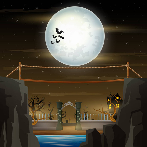 Halloweenská noc s mostem a strašidelnými hroby - Vektor, obrázek