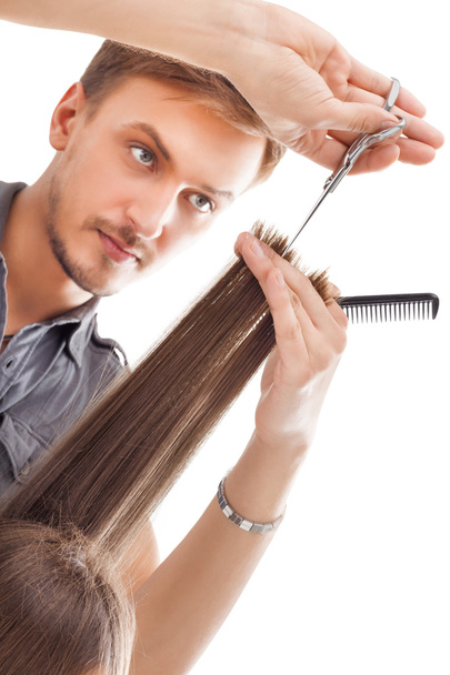 professioneller Friseur mit langen Haaren Modell - Foto, Bild