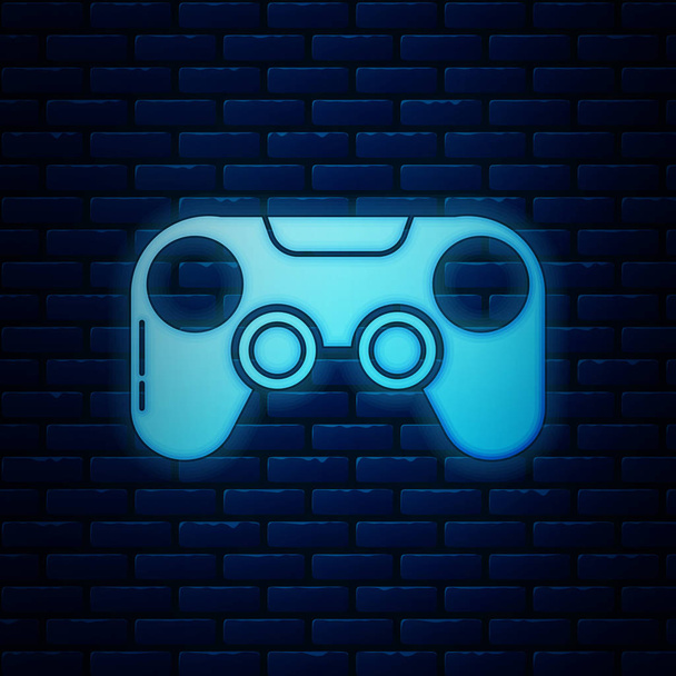 Leuchtende Neon-Gamepad-Symbol isoliert auf Backsteinwand Hintergrund. Spielkontrolle. Vektorillustration - Vektor, Bild
