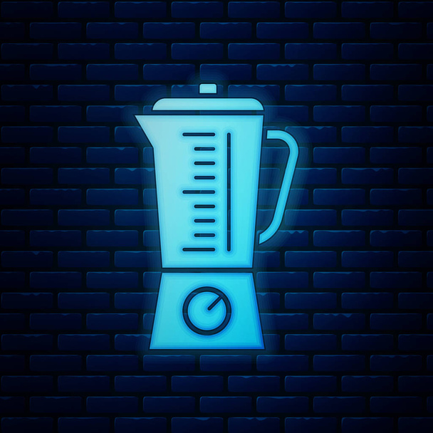 Zářící neonový mixér ikona izolované na pozadí cihlové zdi. Elektrický stacionární kuchyňský mixér s miskou. Vaření koktejlů, koktejlů nebo džusů. Vektorová ilustrace - Vektor, obrázek