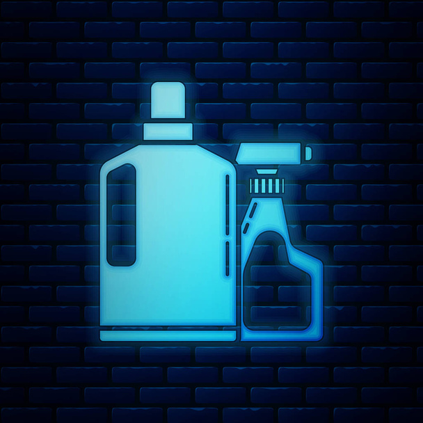 Glowing neon Plastic bottles for liquid laundry detergent, bleach, dishwashing liquid or another cleaning agent icon isolated on brick wall background. Vector Illustration - Vector, Image