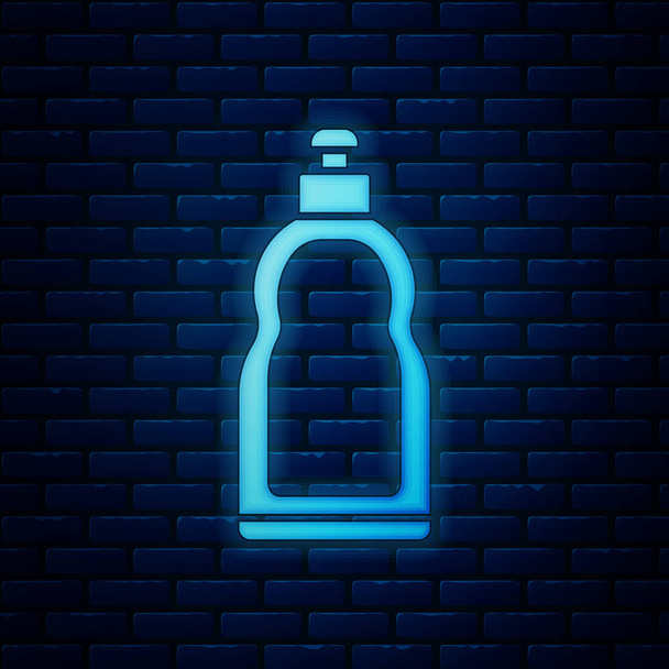 Glowing neon Plastic bottle for liquid laundry detergent, bleach, dishwashing liquid or another cleaning agent icon isolated on brick wall background. Vector Illustration - Vector, Image