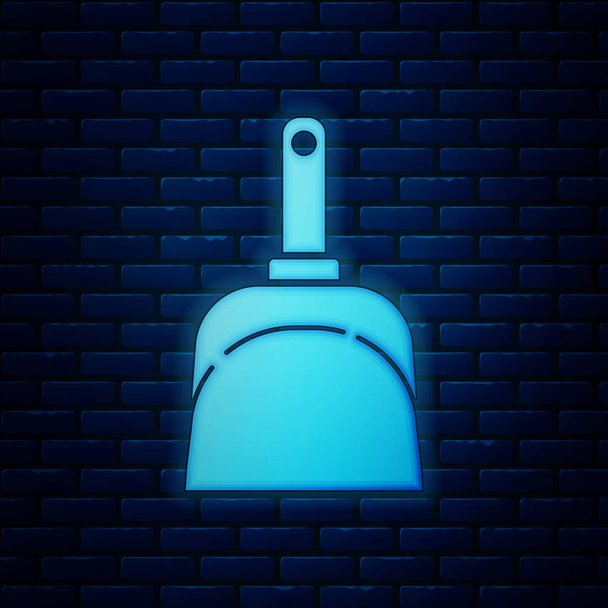 Świecąca Neon ikona dustpan izolowane na tle muru ceglanego. Czyszczenie szufelka. Ilustracja wektorowa - Wektor, obraz