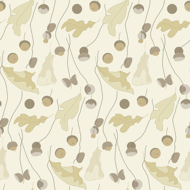 Oak branches with acorns. Dry autumn leaves. Oak seeds. Vector botanical illustration. - Vektor, kép