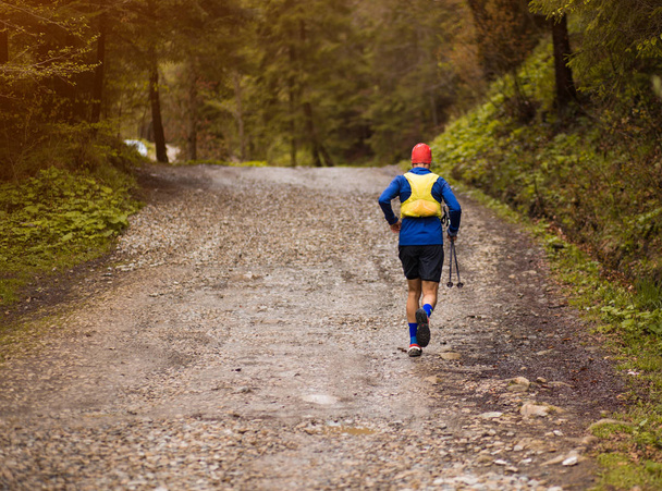 Трасса бегущий марафон спортсмен на открытом воздухе в лесной подготовке для фитнеса и здорового образа жизни
 - Фото, изображение