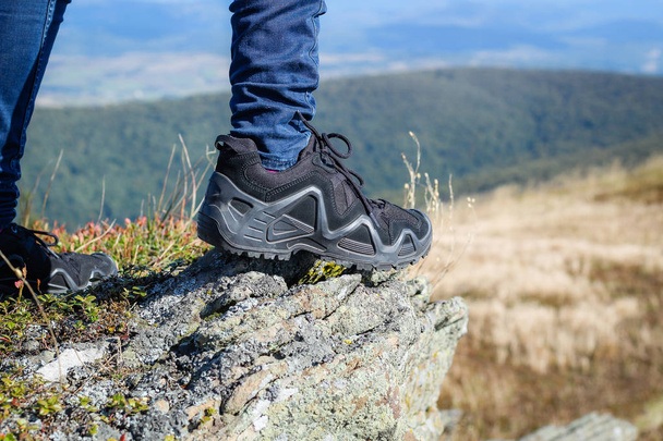 Trekking shoes. Boots for mountains. Hiking in the mountains. Ca - Photo, Image