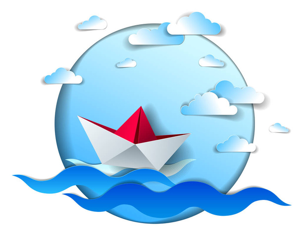 Paper ship swimming in sea waves, origami folded toy boat floati - Vektor, Bild