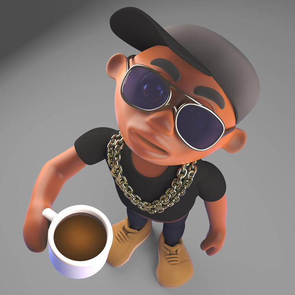 Žíznivý černý hiphop raper v baseballové čepici nápoje šálek kávy, 3D ilustrace - Fotografie, Obrázek