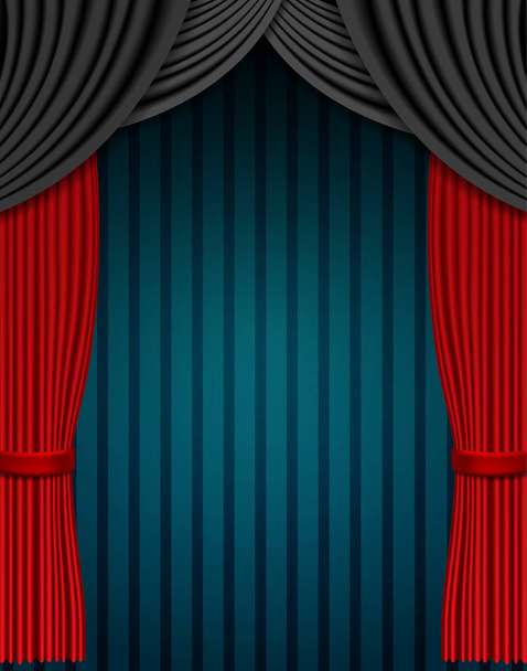 Red and black curtain on blue vintage background. Design for pre - Vector, Image