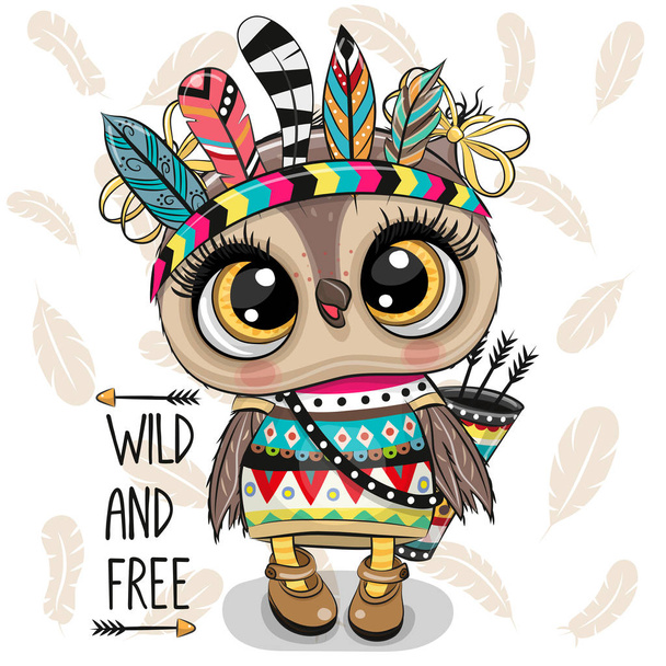 Cartoon tribal Owl with feathers on a white background - ベクター画像