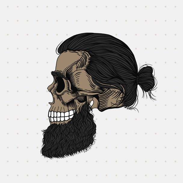 Бородатий череп з чорним волоссям у булочці. Стильна чоловіча зачіска і борода, вид на профіль. Картина для Хеллоуїна, перукарні та одягу
. - Вектор, зображення