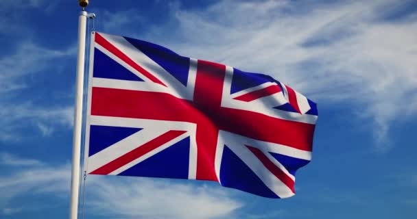 British Flag Waving Shows Union Jack United Kingdom National Banner (em inglês). Um símbolo de celebração Patriótico de Flagpole Voando - Vídeo de 30fps 4k
 - Filmagem, Vídeo