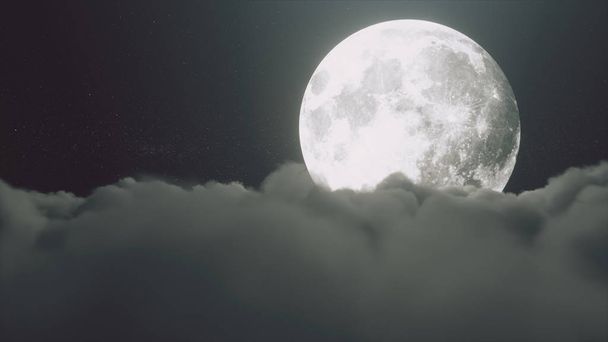 Belo voo realista sobre cumulus nuvens exuberantes ao luar da noite. Uma grande lua cheia brilha brilhantemente em uma noite estrelada profunda. Cena cinematográfica. ilustração 3d
 - Foto, Imagem