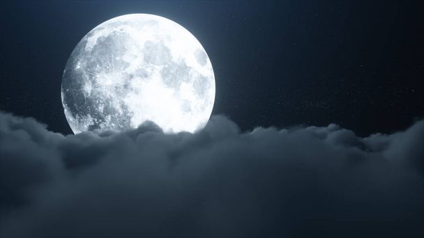 Beautiful realistic flight over cumulus lush clouds in the night moonlight. A large full moon shines brightly on a deep starry night. Cinematic scene. 3d illustration - Photo, Image