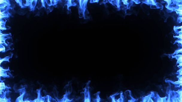 Modrý magický oheň hoří zpomaleným pohybem. Ohnivý rám kolem obrazovky na černém izolovaném pozadí. 3D ilustrace - Fotografie, Obrázek