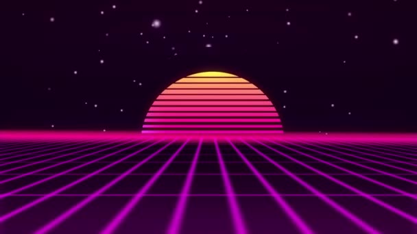 Retro futurystyczny 80s Vhs taśma wideo gra wstępu krajobraz. Lot nad siatką neonów ze wschodem słońca i gwiazdami. Arcade vintage stylizowane sci-fi - Materiał filmowy, wideo