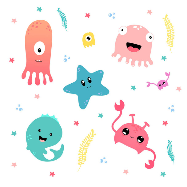 Kawaii sea creatures. fish, jellyfish, crab, stars, algae and bubbles. A set of stickers. - Vector, Image