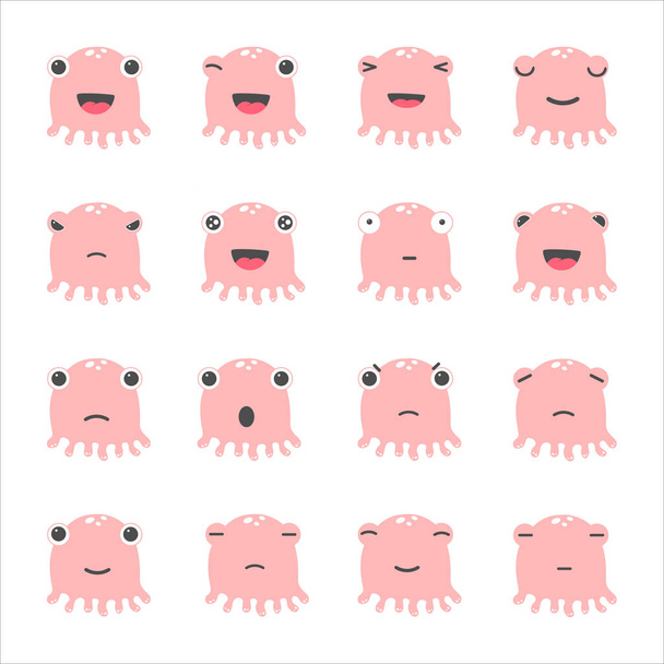 stickers with pink jellyfish. kawaii jellyfish - Vektör, Görsel