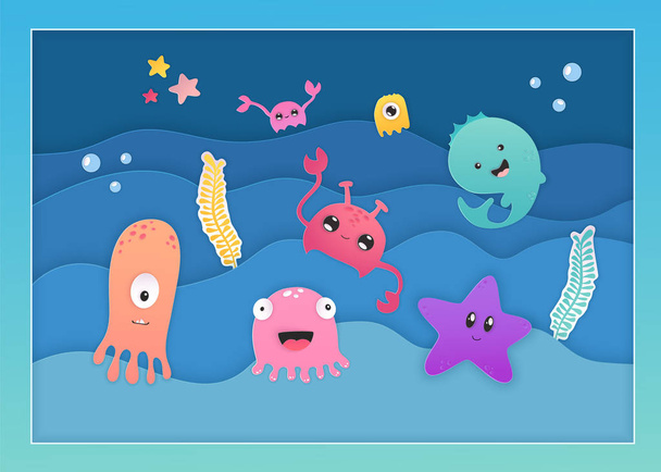 Illustration for wallpaper design. Underwater card design. Cartoon sea animals. Paper cutout art. Marine underwater life. Paper cut collection. - Vektör, Görsel