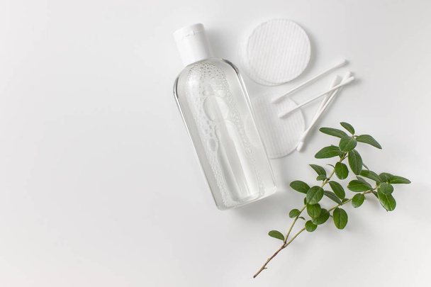 Micellar cleansing water in a bottle, cotton pads and a sprig of greenery - Φωτογραφία, εικόνα
