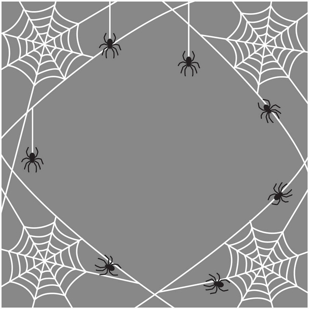 spooky halloween square frame or border with white spider web and black hanging and crowling spiderso grey background. Vector illustration for halloween party invitation or scary greeting card, copy - Vector, Image