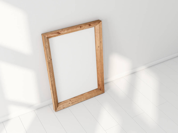 Függőleges Wooden Frame Mockup áll a padlón. 3D-s renderelés - Fotó, kép