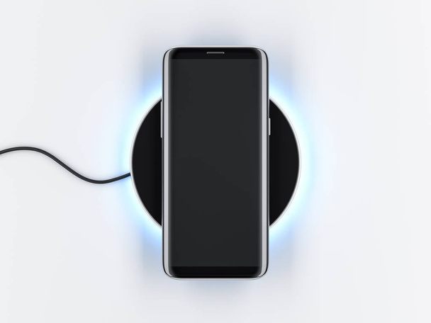 Modern Smartphone mockup with frameless screen on the wireless charging device, 3d rendering - Fotografie, Obrázek