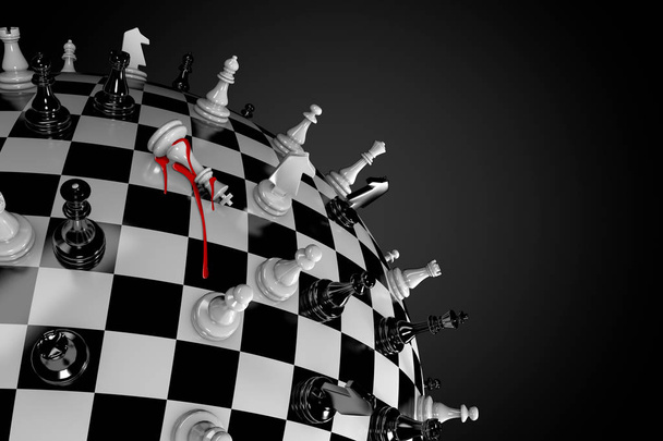 3D-Illustration einer Weltkugel in Form eines Schachbretts und einer Figur eines Königs mit Bluttropfen - Foto, Bild
