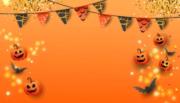 Buon Halloween Vendita banner con simboli zucca, pipistrelli e caramelle su sfondo arancione. Può essere utilizzato per banner, voucher, offerta, coupon, vendita di vacanze
. - Vettoriali, immagini