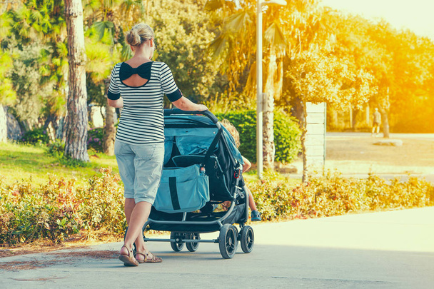 Woman with baby stroller walks in the park. - Fotoğraf, Görsel
