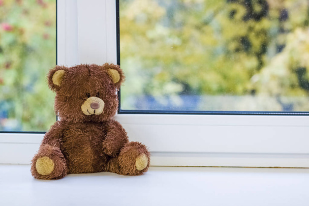 Brown bear toy sits on a windowsill - Photo, Image