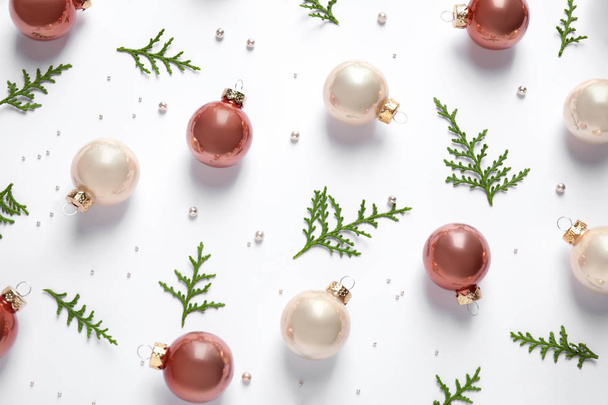 Flat lay composition with Christmas decorations on white background - Foto, afbeelding