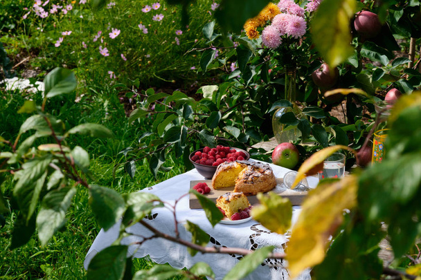 Kousek z jablečného koláče leží na talíři. Rustikální zátiší: slunečný jasný den, jablečný koláč pod jabloní na starém dřevěném stole, ovoce a bobule, květiny. - Fotografie, Obrázek