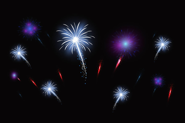 Feestelijke patroon vuurwerk in de stad, barsten in verschillende vormen, mousserend pictogrammen Abstract. Nieuwjaar en verjaardagen. Vectorillustratie - Vector, afbeelding