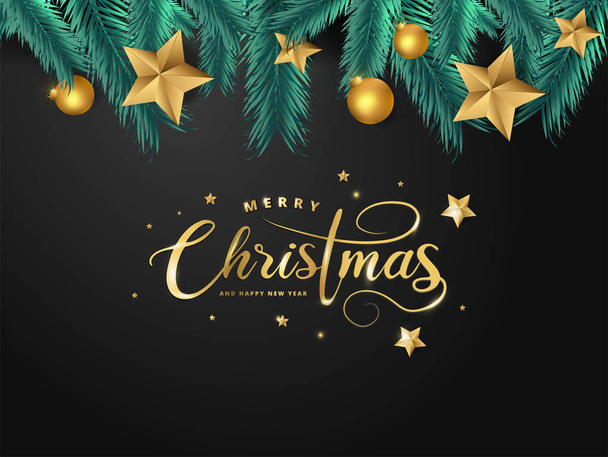 goldene Kalligraphie froher Weihnachten auf schwarzem Hintergrund, dekoriert mit Kiefernblättern. - Vektor, Bild
