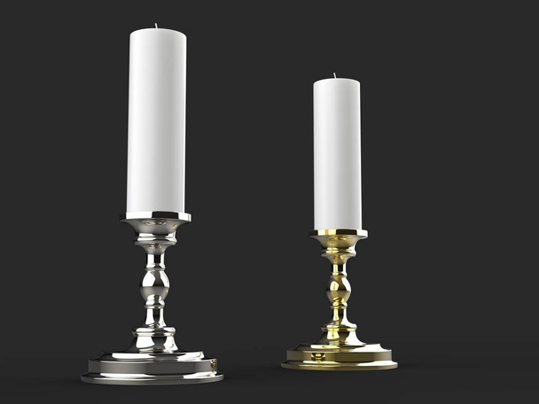 Silver and gold candle holders with white wax candles - low angle - Photo, Image